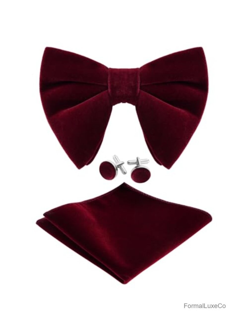 Men's Velvet Pre-tied Adjustable Bow Tie Set with Pocket Square & Cufflinks